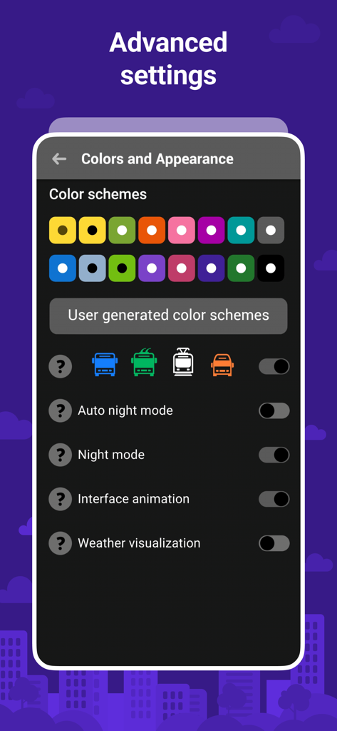 Advanced settings screen in the Bustime app showing color scheme options and display toggles