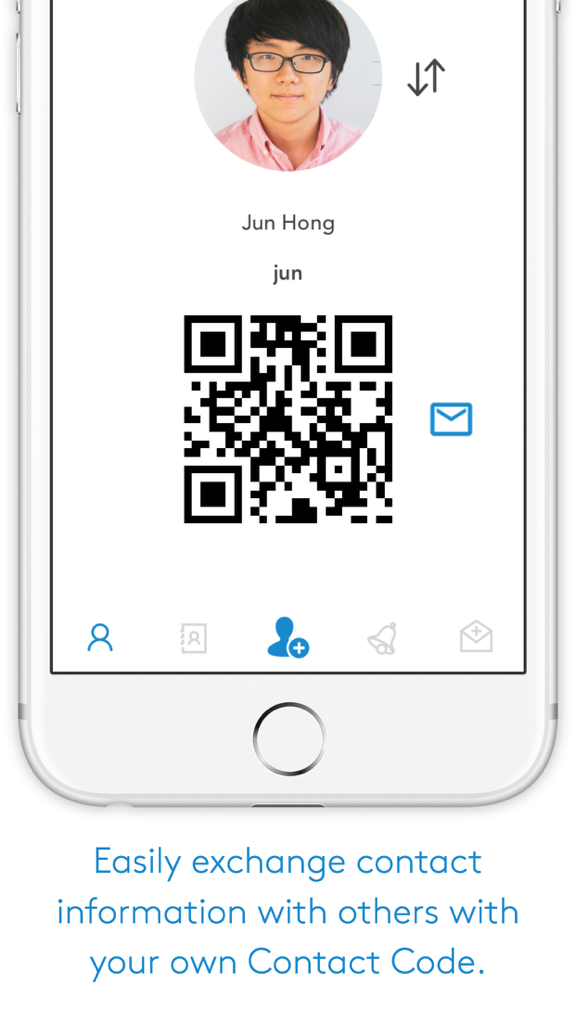 Contact - Exchange contact information with a scan - Uno schermo di smartphone che mostra un codice QR personale e un profilo per lo scambio di informazioni di contatto.