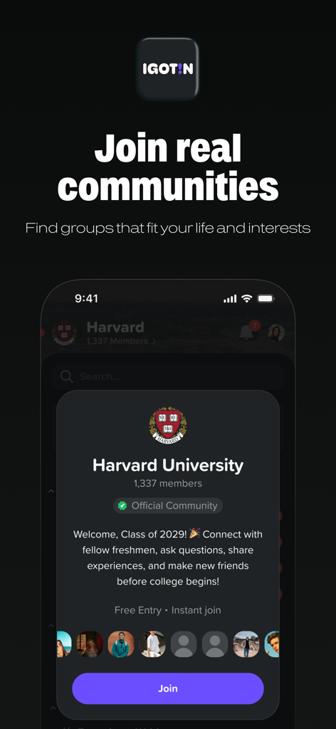 A mobile app interface for IGOTIN showing an official Harvard University community page with a Join button and member profiles.