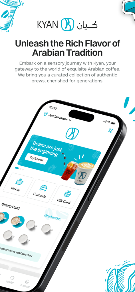 Kyan - Schermata principale dell'app mobile Kyan che mostra servizi di ritiro e curbside insieme a una tessera fedeltà digitale per premi sul caffè arabo.