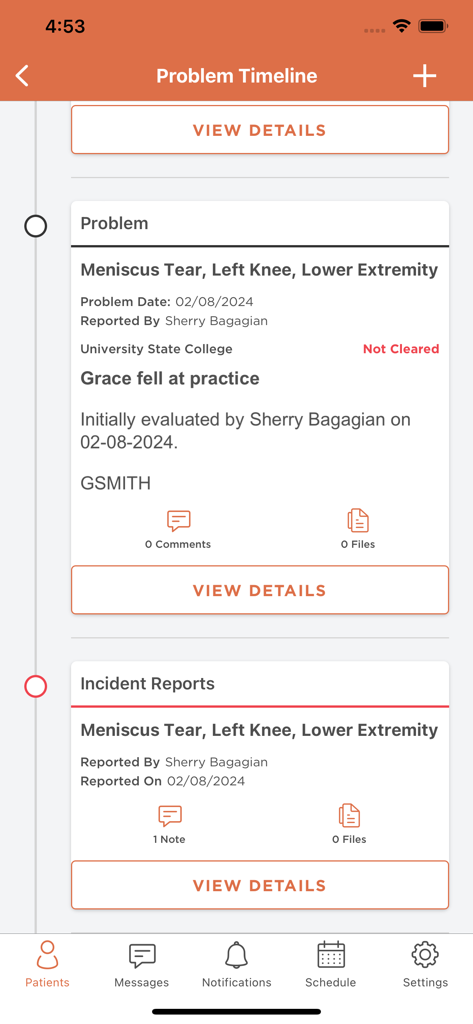 Healthy Roster - Healthy Roster app screen showing a problem timeline for a meniscus tear injury including reported date and clearance status
