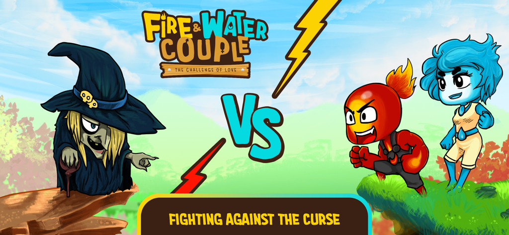 Fire and Water: Online Co-op - Personajes chico de fuego y chica de agua enfrentando a una bruja en el juego Fire and Water Online Co-op.
