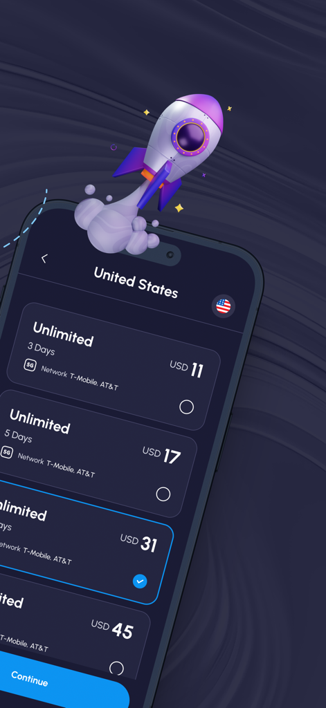 Nomad eSIM: Prepaid Data Plan - Écran de l'application Nomad eSIM affichant des forfaits de données prépayées illimitées pour les voyageurs aux États-Unis
