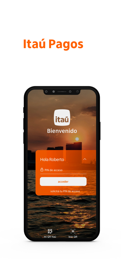Itaú pagos PY - Schermata di login dell'app mobile Itaú pagos PY con un messaggio di benvenuto e un campo di accesso tramite PIN su uno sfondo al tramonto