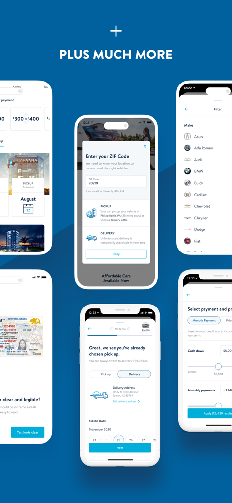 Carvana: Buy/Sell Used Cars - A collage of Carvana mobile app screens showing car filters location settings and delivery scheduling features