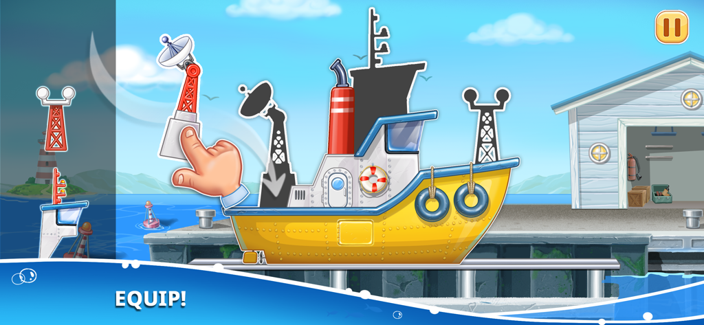 A cartoon hand dragging a radar antenna onto a yellow boat at a shipyard in a kids educational game