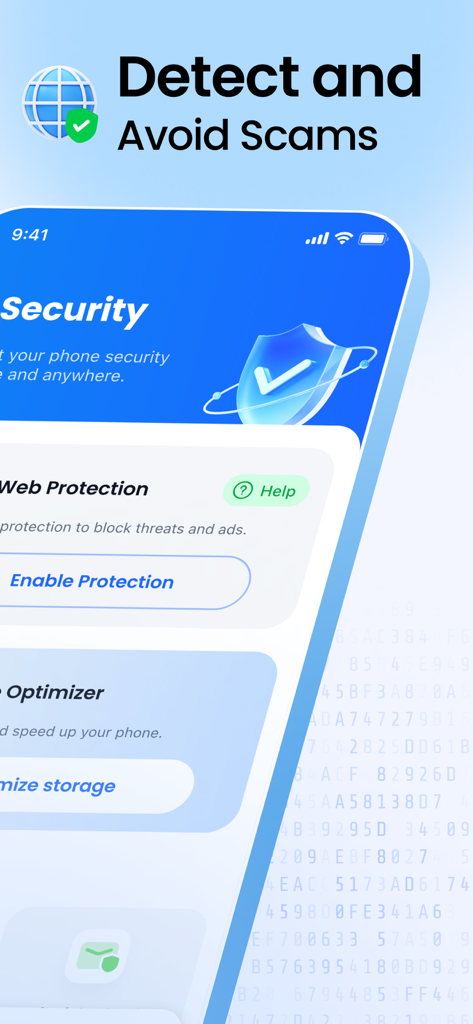 AI Security: Safe & Protection - Interface do aplicativo AI Security exibindo recursos de detecção de golpes e proteção da web.