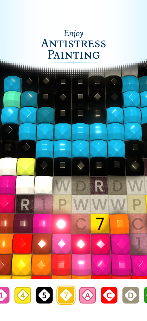 Diamond Painting: Antistress - A digital diamond painting interface showing colorful 3D gems being placed on a lettered grid