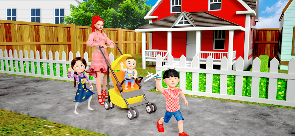 Mother Simulator - Mom Game - Uma mãe empurrando um bebê em um carrinho com seus filhos andando em um bairro suburbano