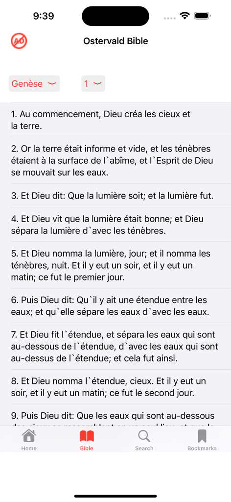 Ostervald Bible - Ostervald Bible mobile app displaying the first chapter of Genesis in French