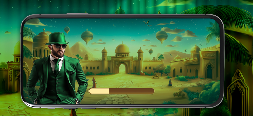 Geen Sultan: Wild Desert - Loading screen of Geen Sultan Wild Desert mobile game featuring a man in a green suit in front of a desert palace landscape.