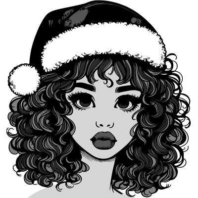 realistic girl with a santa hat curly hair and lips