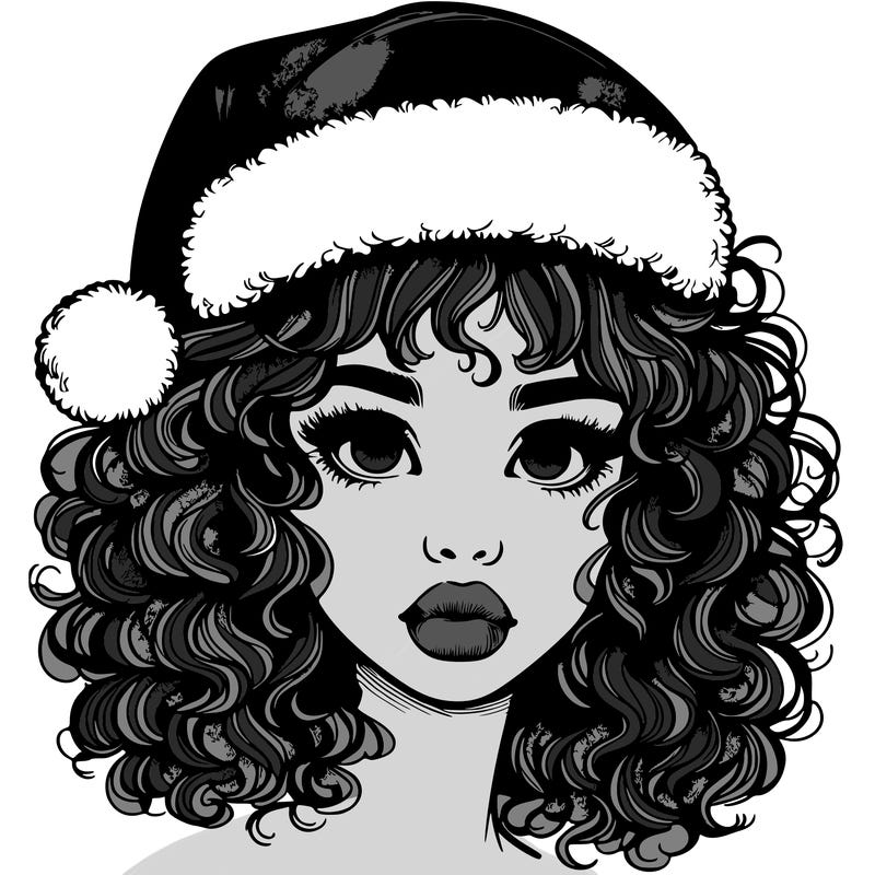 realistic girl with a santa hat curly hair and lips