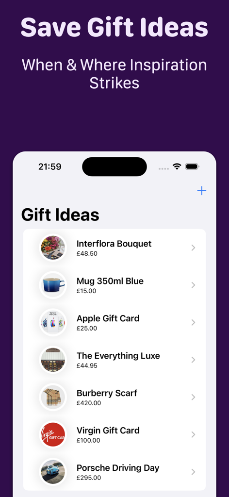 Gifting Planner - Uma lista de ideias de presentes salvas dentro do aplicativo Planejador de Presentes mostrando nomes de itens, imagens e preços.