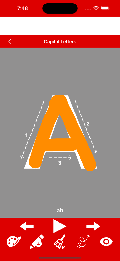 Write German Alphabet - ユーザーが大文字Aを筆記体でなぞっている様子を示すドイツ文字学習アプリのインターフェース。筆記方向と音声発音も表示されています。