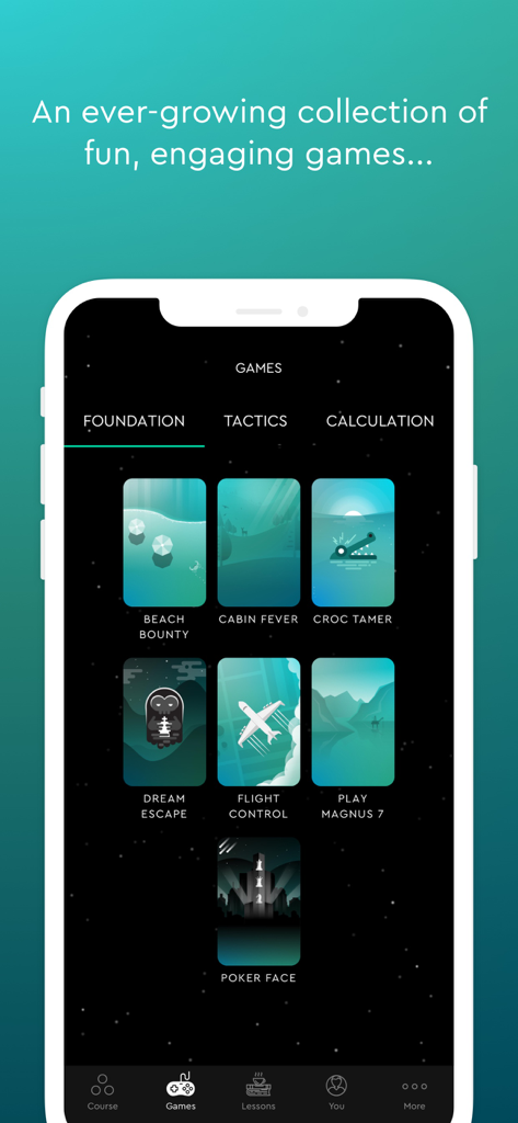 Magnus Trainer - Train Chess - A mobile screen showing various foundation chess training mini games in the Magnus Trainer app.