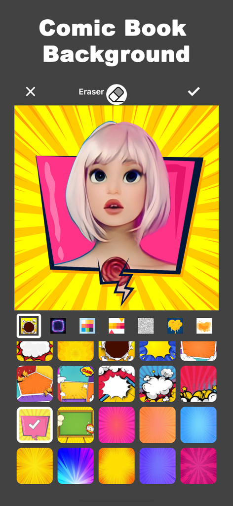 AI Cartoon Photo Maker Zoocy - Zoocy app interface with comic book background templates for AI cartoon avatars