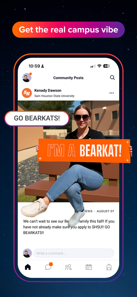 ZeeMee app screenshot showing a college student community post for Sam Houston State University with the text Get the real campus vibe