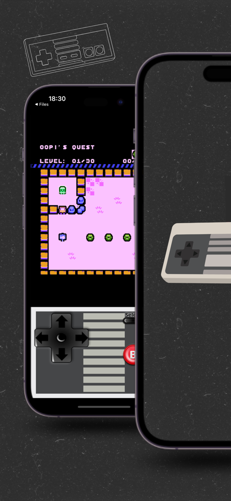 eNES: NES Emulator Retro Emu - eNES app showing an 8-bit retro game and virtual NES controller on an iPhone screen