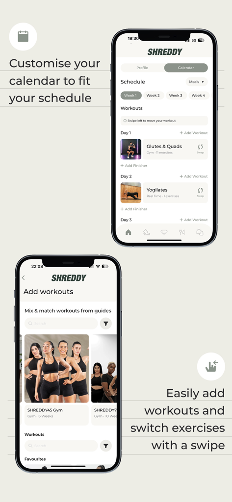 SHREDDYアプリの画面に、ワークアウトカレンダーのカスタマイズと、ガイドからの新しいエクササイズの追加が表示されている。