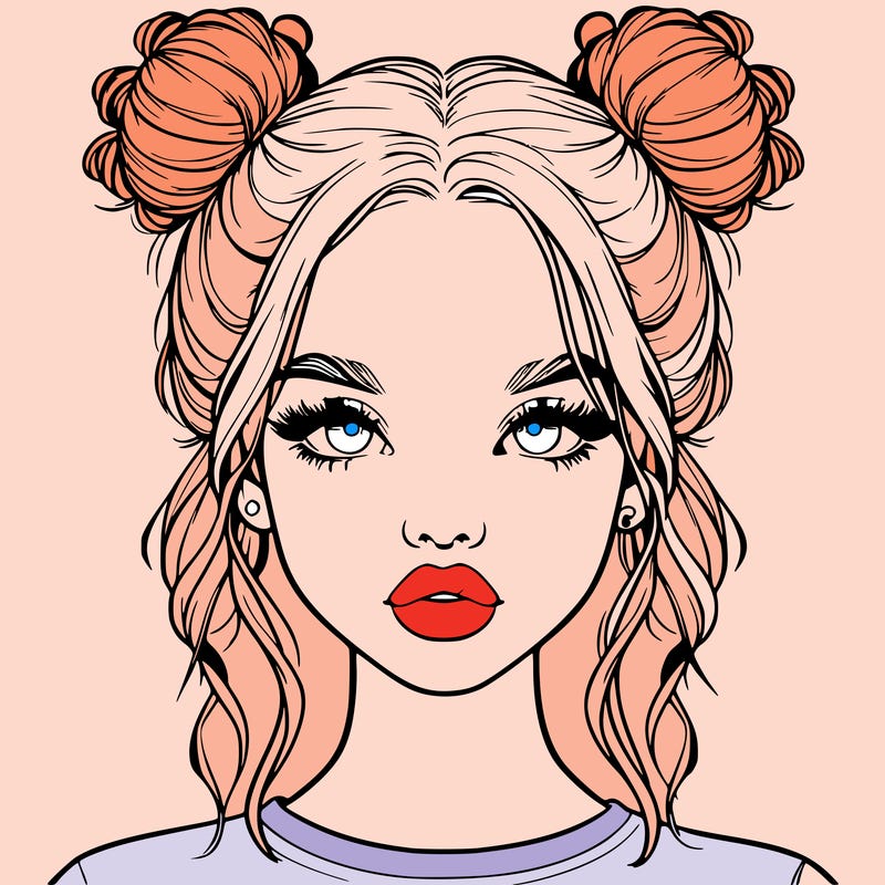 realistic girl with two buns in hair and lips