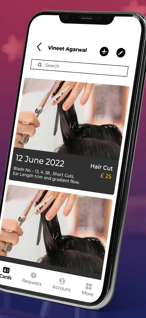 Salon Card For Hair & Beauty - Interfaccia dell'app mobile che mostra la tessera cliente di un professionista della bellezza con foto di tagli di capelli e dettagli del servizio.