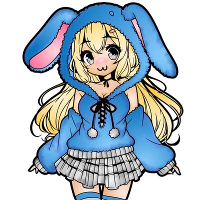 pretty anime girl wearing a fluffy hoodie with bunny ears on the hood and a skirt