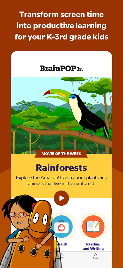 BrainPOP Jr. App-Bildschirm mit einer Regenwaldlektion mit den Charakteren Annie und Moby