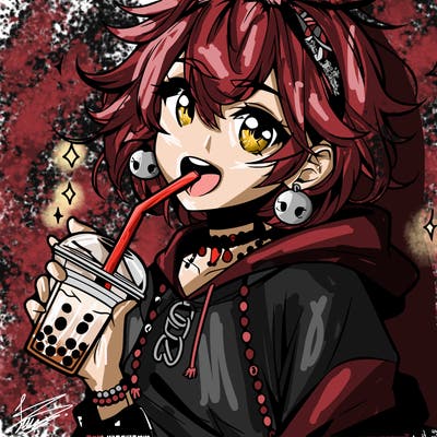 hot baddie anime girl drinking boba and biting the straw