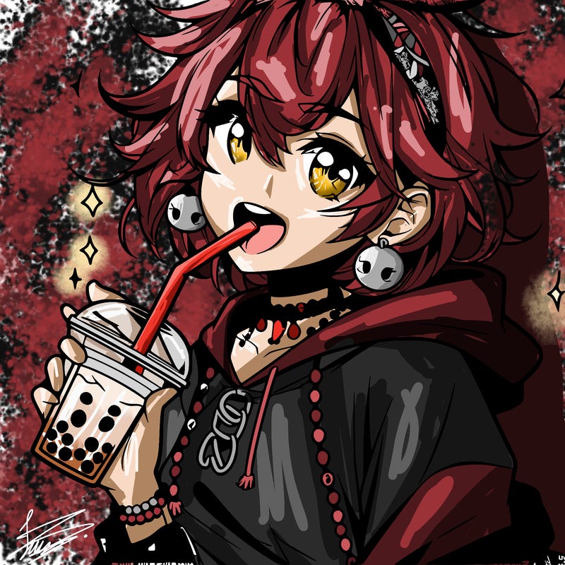 hot baddie anime girl drinking boba and biting the straw