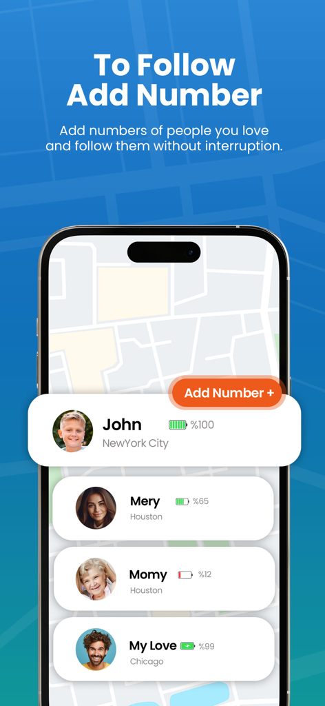 Findos - Find My Device - 位置情報とバッテリーレベルが表示された家族リストを示すFindosアプリのインターフェース