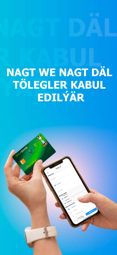 PostShop - PostShop app promotional screen showing cash and card payment options with a Halkbank credit card