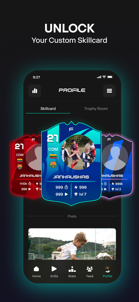 FPRO: Train football at home - Une carte de compétences de football personnalisée affichant les statistiques du joueur sur l'écran de profil de l'application FPRO