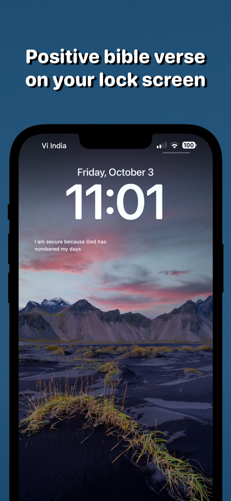 Bible Quotes ai: Verse Widget - An iPhone lock screen displaying a positive bible verse widget on a beautiful mountain landscape background.