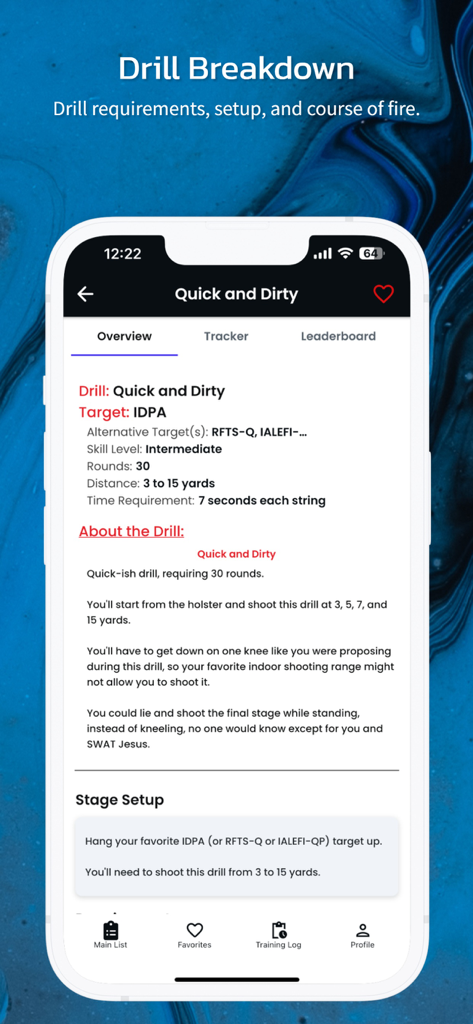 Range Buddy Pro - Range Buddy Pro app screen showing a detailed shooting drill breakdown and setup instructions.