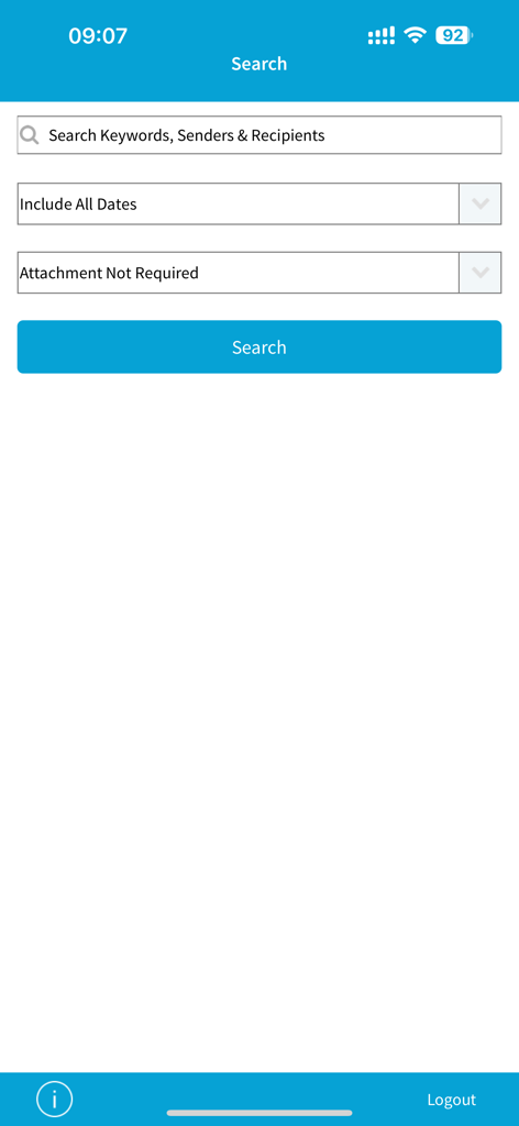 Proofpoint Mobile Archive - Proofpoint Mobile Archive app search screen with filters for keywords dates and attachments