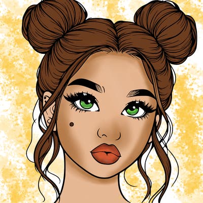 realistic girl with two buns on her hair and lips