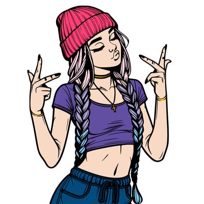 realistic teenage girl with braids and a beanie and crop top doing 🫶🏼