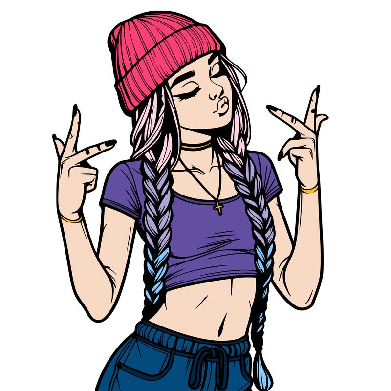realistic teenage girl with braids and a beanie and crop top doing 🫶🏼