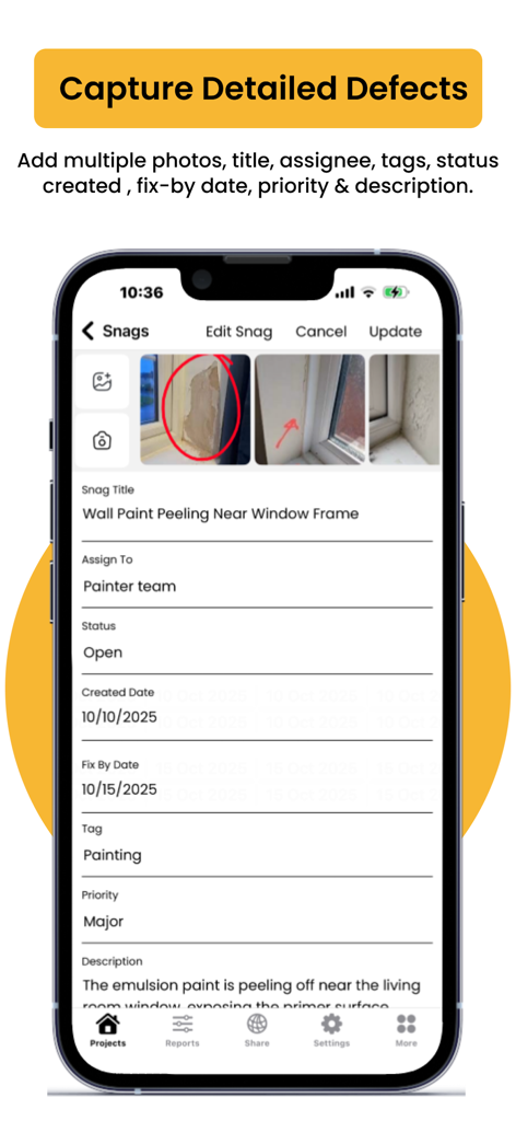 SnagBricks mobile app interface for capturing detailed construction defects with photos and site audit details.