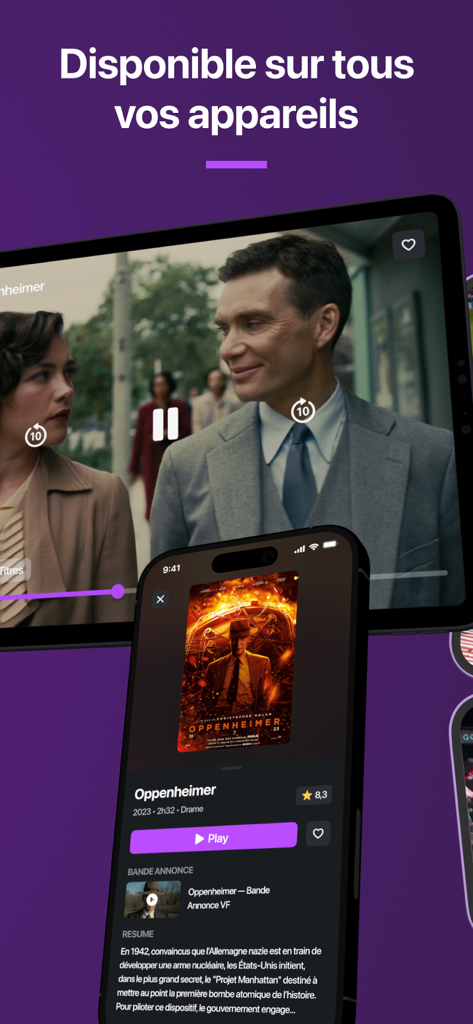 IPTV Smarter Player Pro - IPTV Smarter Player Pro-Oberfläche auf einem iPhone und iPad, die den Film Oppenheimer zeigt.