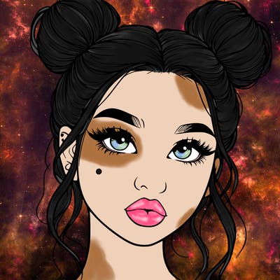 realistic girl with two buns on her hair and lips