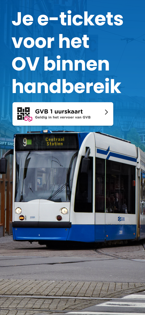 OV-app - A digital GVB public transport ticket displayed over an Amsterdam tram background