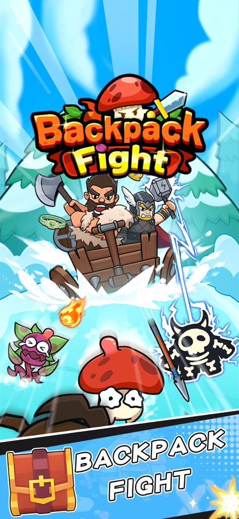 Backpack Fight - Bag Games - Cartoon warriors in a wooden cart battling monsters in a snowy landscape from the Backpack Fight game.