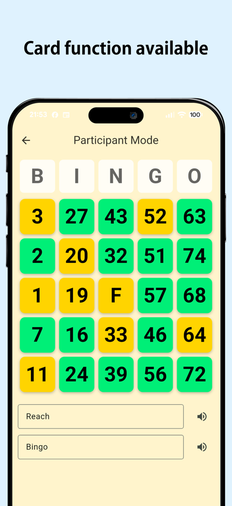 Interfaz de carta de bingo digital con números y columnas de BINGO para los participantes