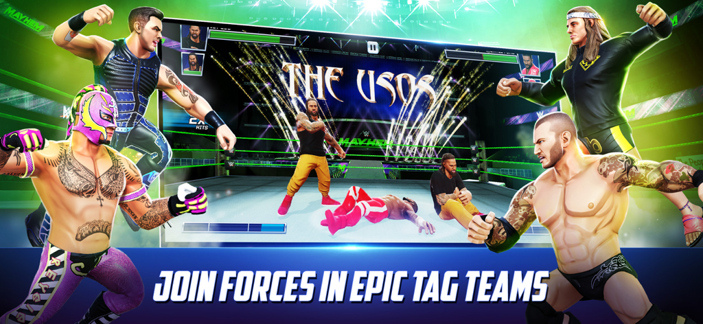 WWE Mayhem - Captura de pantalla del juego de lucha arcade WWE Mayhem que muestra a superestrellas uniendo fuerzas para un combate de parejas épico.