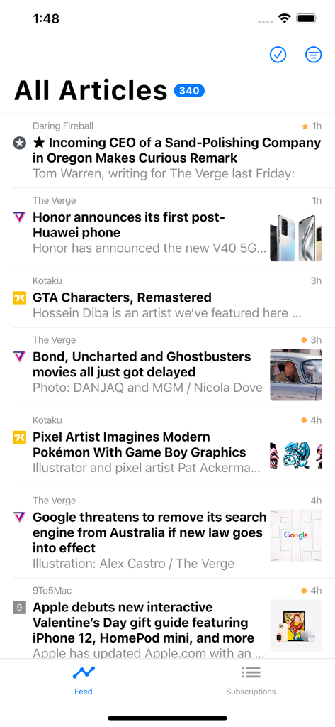 Fluent Reader Lite All Articles view displaying a curated list of RSS news feeds.