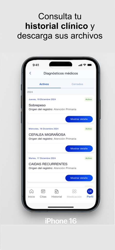 miSCS - Interfaz de la aplicación miSCS que muestra diagnósticos médicos e historial de salud en una pantalla de iPhone.