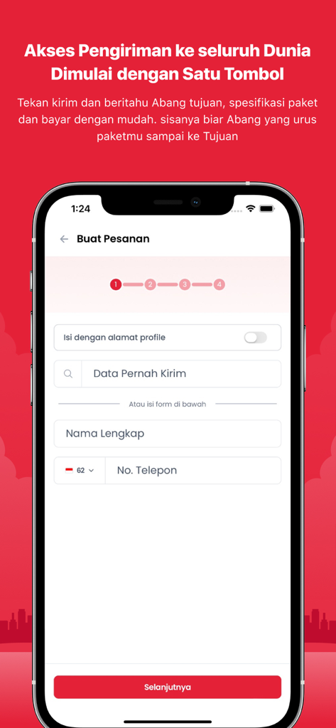 Abang Express - Abang Express app interface for creating a global shipping order with form fields for recipient details
