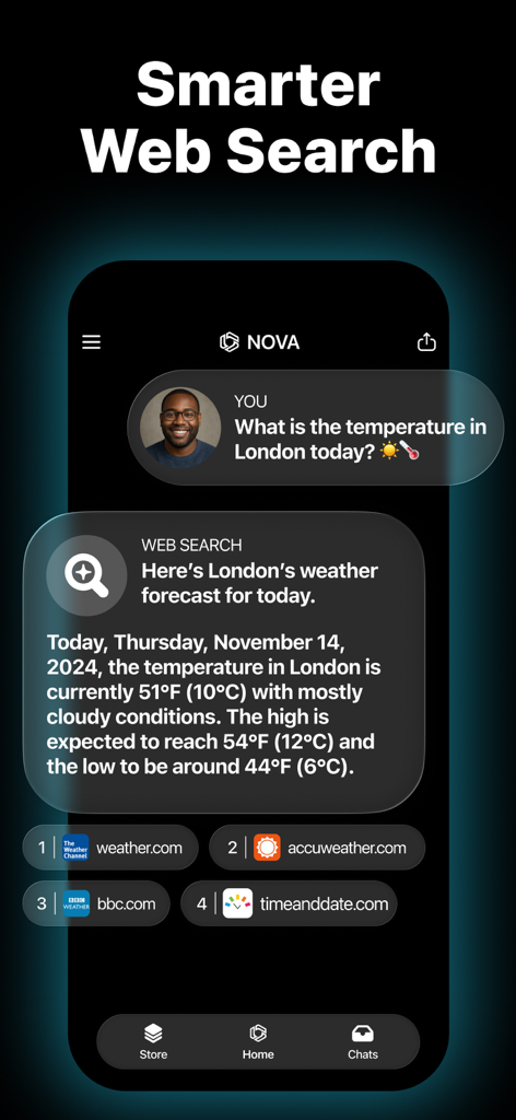 Interfaz del Nova AI chatbot que muestra una función de búsqueda web más inteligente con resultados meteorológicos en tiempo real y enlaces de origen